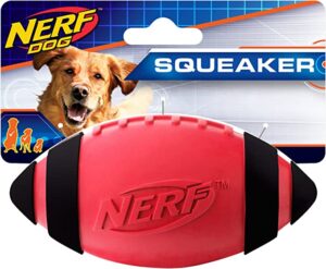nerf dog rubber football dog toy with interactive squeaker lightweight durable and water resistant 5 inch diameter for medium large breeds single unit red
